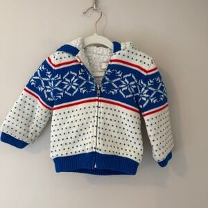 Vintage Tiny Tots Blue White Red Fair Isle Sherpa Lined Hooded Sweater Size 24